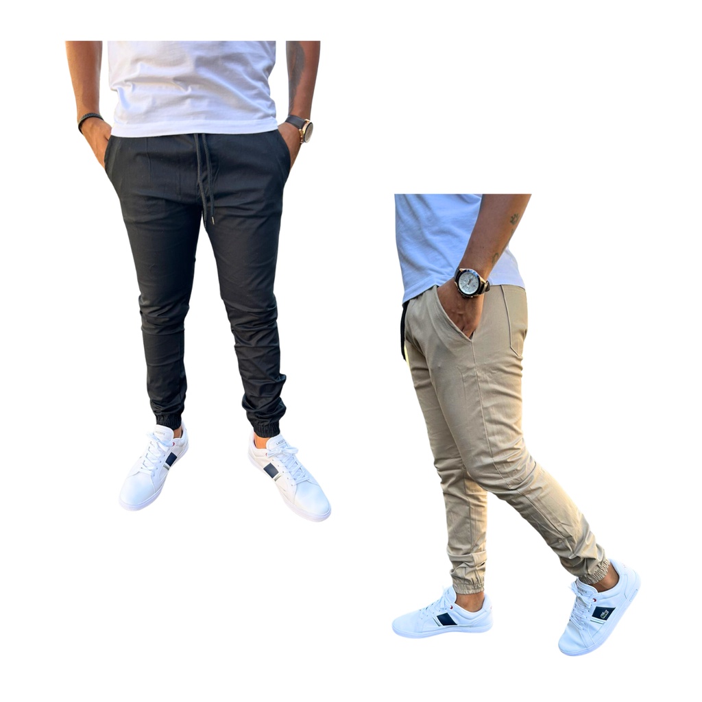 Kit 2 Calças Masculinas Jogger Jeans e Sarja Lycra Elástico Na Cintura e  Punho PREMIUM