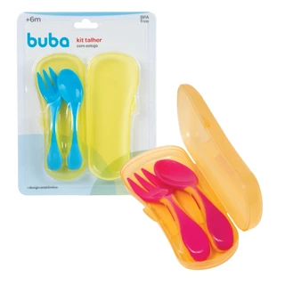 Kit Talher Bebê com Estojo Colher Garfo Infantil Introdução Alimentar Buba
