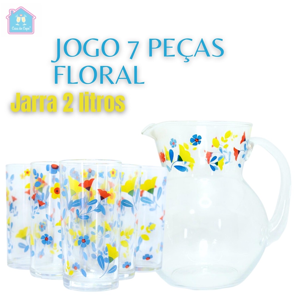 Jogo De Copos E Jarra De Água e Suco De Vidro 7 Peças - Floral