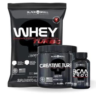 Kit Academia – Whey Protein turbo 907g + Creatina Monohidratada Turbo 150g + BCAA 2400 30 Cápsulas – Black Skull