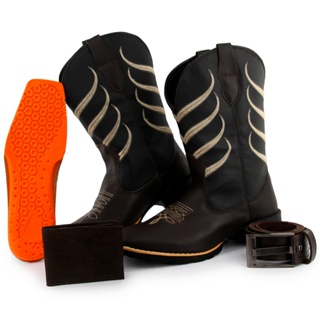Bota Texana Country Masculina Texas Gold Escama de Couro + Carteira + Cinto
