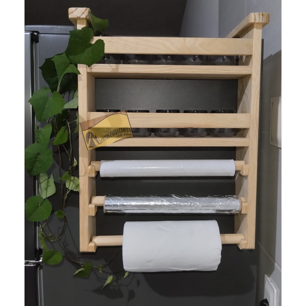 Porta temperos cozinha geladeira madeira pinos, Especiarias Papel Toalha-Alumínio-Filme