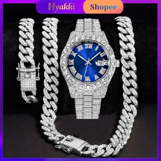 HYAKKI Iced relógio masculino Colar Kit Hip Hop prata Pulseira Cubano Corrente masculina Bling Jóias Diamante Correntes de Ouro
