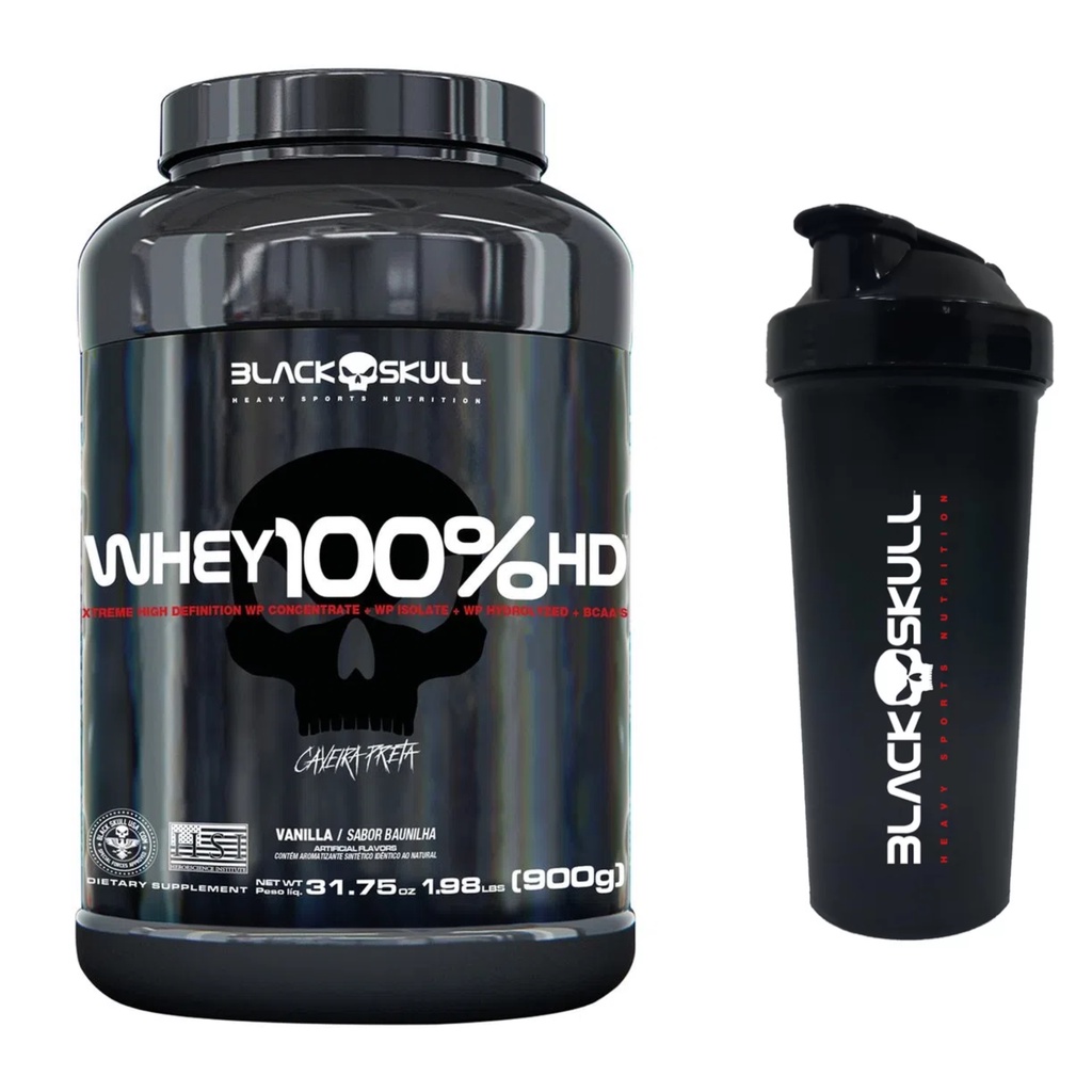 Kit 1 Whey Protein 100%HD Pote 900g Black Skull + 1 Coqueteleira 600ml