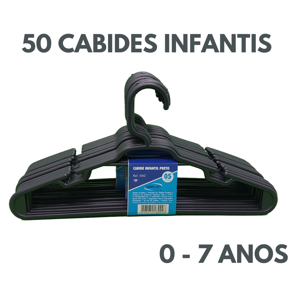 Kit 50 Unidades Cabides Infantis Reforçado Preto Para Organização Roupa Bebê 28x14cm