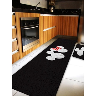 Kit Tapete 2 peças Capacho Cozinha - Mickey e Minnie Fundo Preto