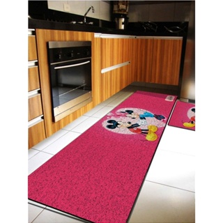 Kit Tapete 2 peças Capacho Cozinha - Mickey & Minnie Fundo Rosa