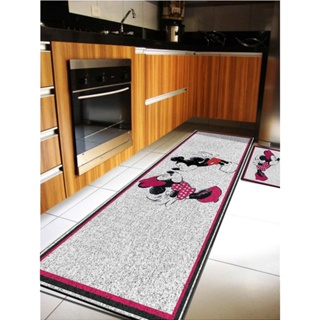 Kit Tapete 2 peças Capacho Cozinha - Mickey & Minnie Fundo Branco