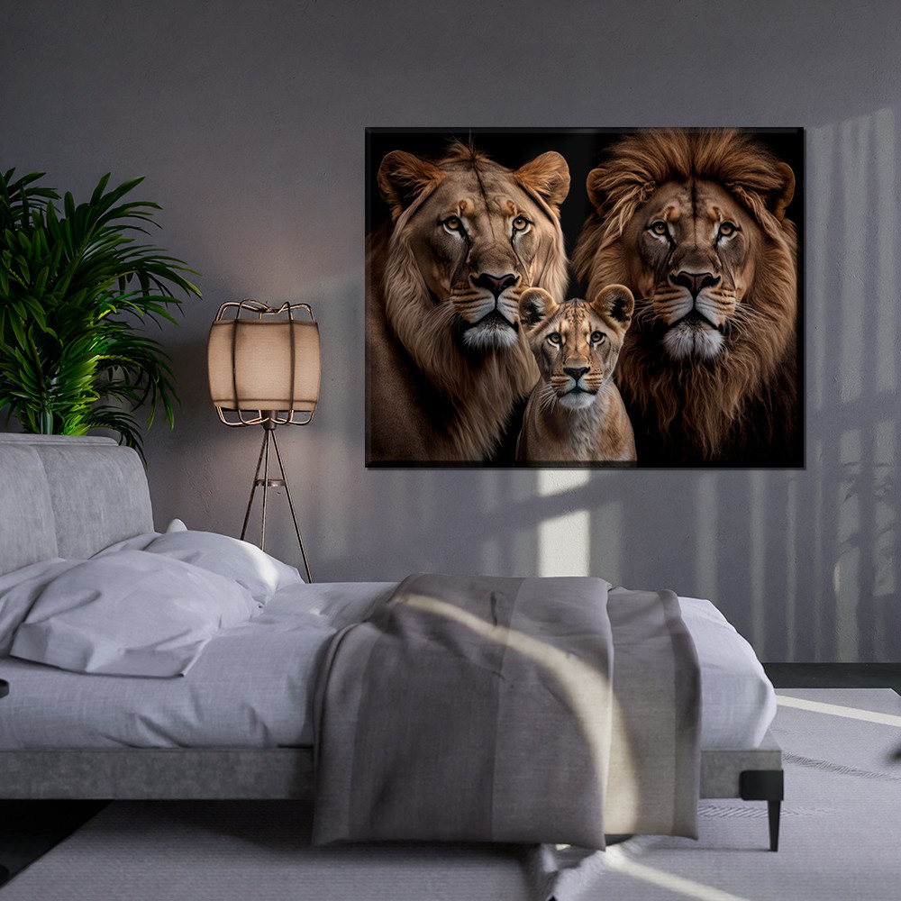 Quadro de Parede Horizontal casal leoa e leão 1 filhote sala quarto escritório Em tela grande