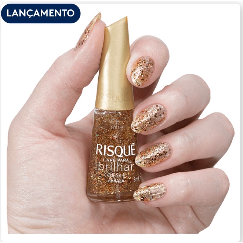 Esmalte Risqué Livre para Brilhar Glitter Dourado Chega e Arrasa 8ml VL ...