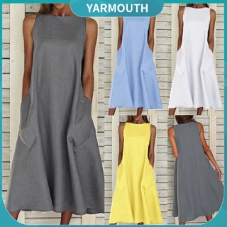 Yar Vestido Feminino Vintage De Cor Lisa Com Gola Redonda Sem Manga Com Bolsos Bainha Grande