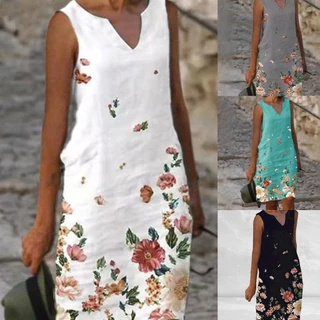 Vestido D-Mulheres V Pescoço Largo Verão Estampa Floral Sem Mangas Para Trabalho