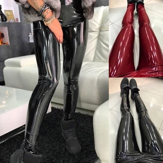 Giaur Chic Women Faux Leather Cor Sólida Calças De Cintura Alta Slim Fit Leggings