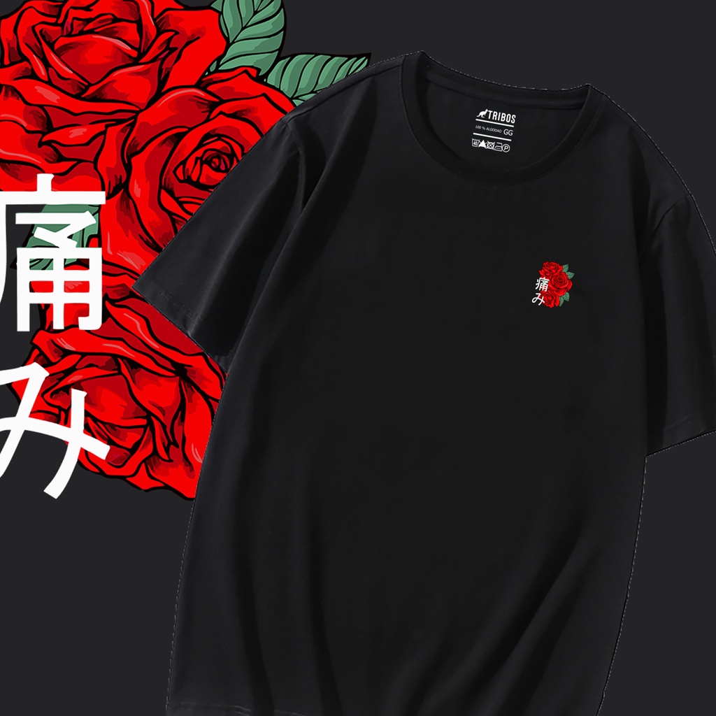 Camiseta preta Masculina de algodão Tres flores Rosas Vermelhas com Escrita Japones