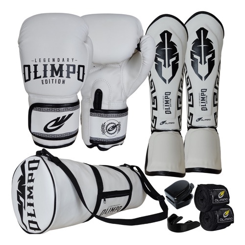 Kit Muay Thai Branco Luva+caneleira+bolsa+bandagem+bucal