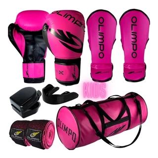 Kit Muay Thai Infantil Luva+caneleira+bolsa+bucal+bandagem