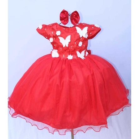 Vestido Infantil Borboletas Vermelha Jardim Encantado Luxo E Tiara