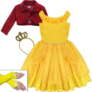 Vestido Festa Luxo Bela E A Fera Infantil / Juvenil Com Coroa + Luva + Bolero