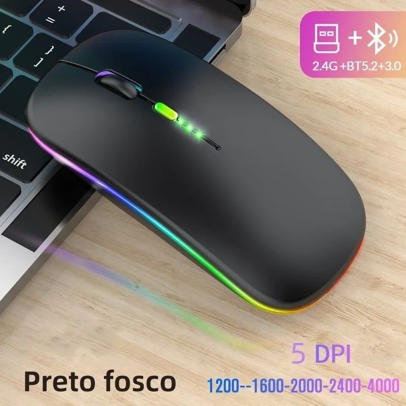 Mouse Sem Fio Recarregável 2.4Ghz + Bluetooth com LED RGB Mouse Óptico Mouse Bluetooth