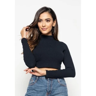 Cropped manga longa gola alta em Oferta na Shopee