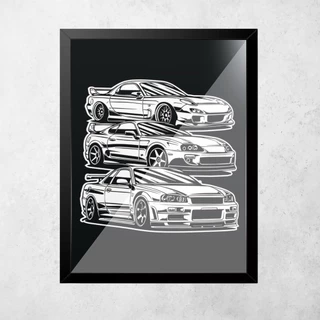 Quadro decorativo com vidro Arte Carros RX7, Supra, Skyline Preto e Branco 