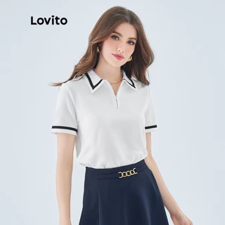 Lovito Camisetas de Mangas Curtas Elegantes com Contraste de Gola Redonda para Mulheres L49ED029 (Branco)