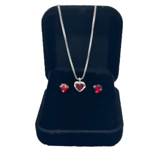 Conjunto Colar + Brincos Coração Vermelho Prata 925 Ponto de Luz 4 mm Veneziana Feminino Presente Namorada
