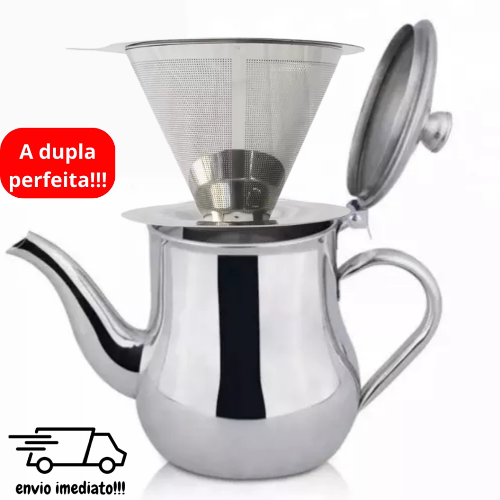 Conjunto Mini Bule e Filtro Pequeno para Café Inox Permanente Para Casa ...