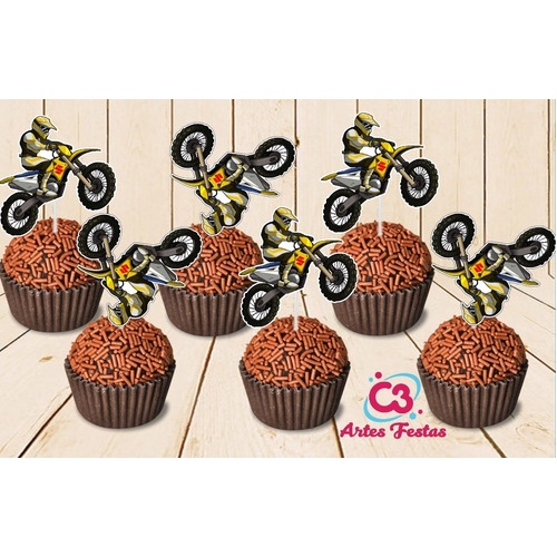 72 peças de cobertura de cupcake com glitter motocross para