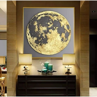 Quadro Decorativo 1 Tela: Lua Dourada Resplandecente - Tranquilidade e Sofisticação em Cinza Suave