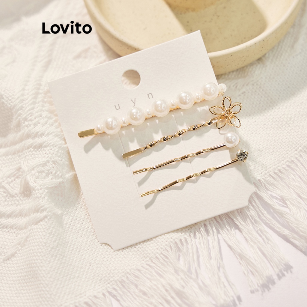 Lovito Elegante Floral Metal Flores Flores Pérolas Alfinete Para Mulheres L46LD003 (Ouro)