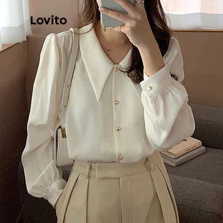 Lovito Elegante Blusa de Manga Longa com Gola de Contraste e Botões Frontais para Mulheres LNL03009 (Branco/Preto)