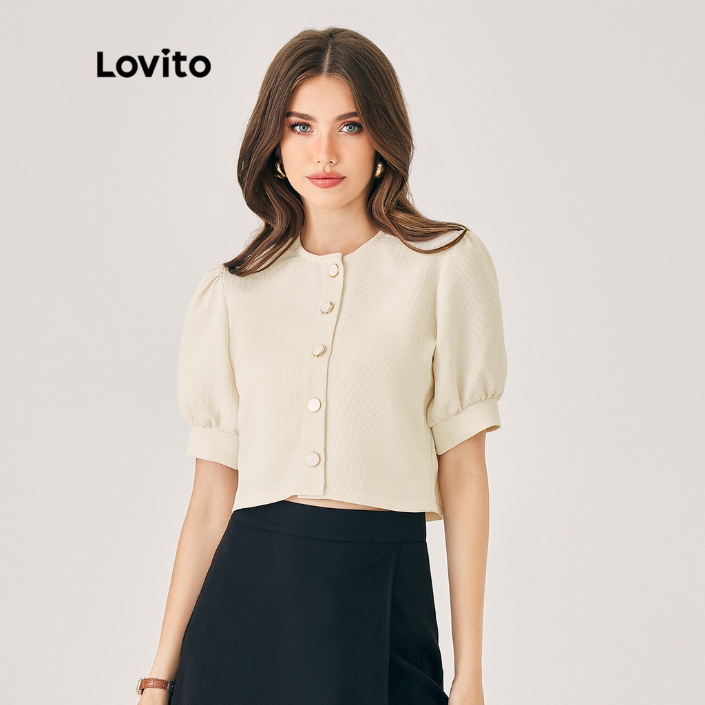 Lovito Casual Liso Botão Frontal Manga Bufante Gola Redondo Manga Curta Blusa Feminina L39ED014 (Off White)