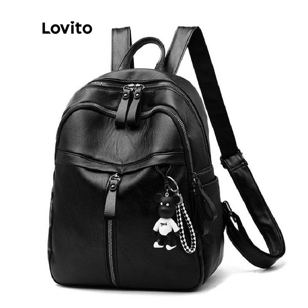 Lovito Mochila Casual De Alta Capacidade Com Zíper Simples Para Mulheres LNA09180 (Preto)