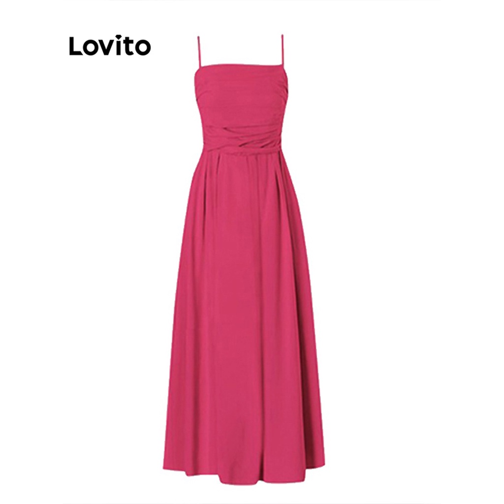 Lovito Casual Vestido Feminino Liso de Festa Franzid Evasê Maxi Sem Mangas com Ombro de Fora LNE11196 (Rosa Choque)