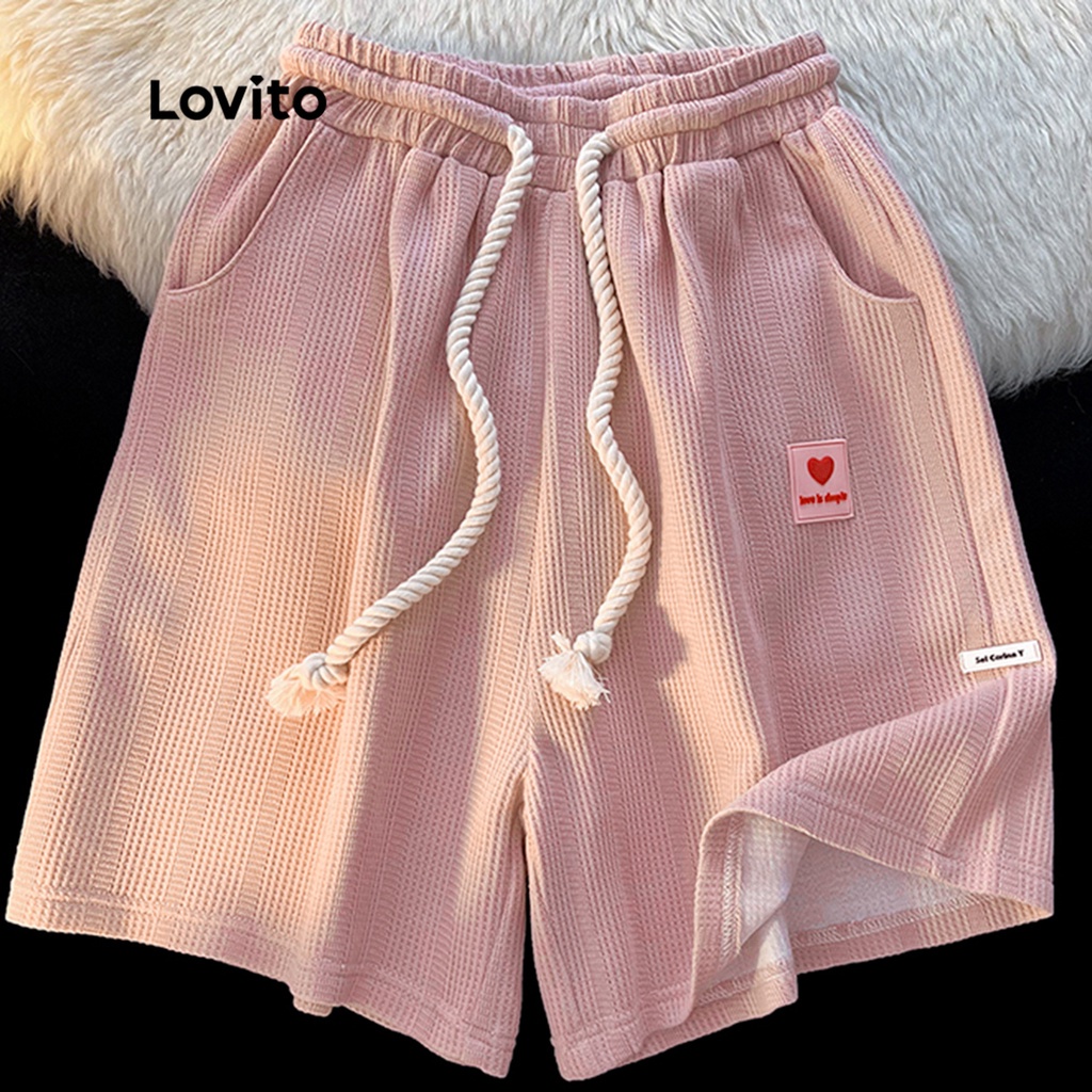 Lovito Preppy Shorts Feminino Reto de Cintura Média Estampado de Coração com Cordão e Bolso LNE12136 (Rosa)