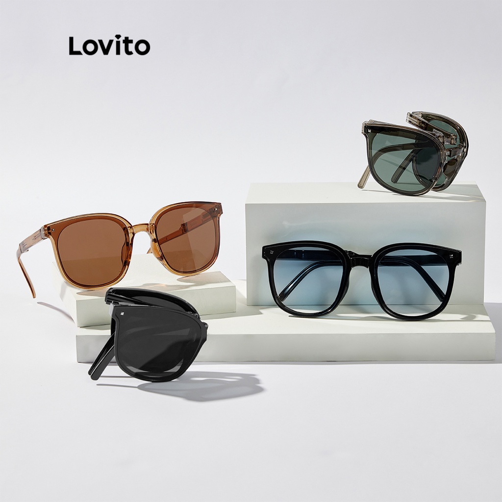 Lovito Casual Óculos de Sol Lisos Unissex Vintage Grandes Quadrados com Proteção UV e Lentes Retas L50AD192 (Marrom/Verde/Azul/Preto)