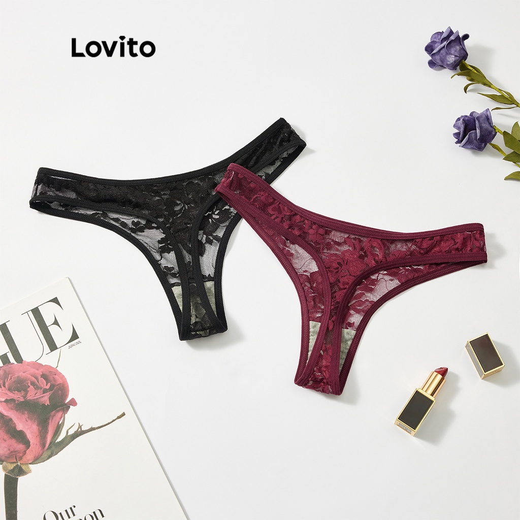 Lovito Sexy Calcinha Feminina de Renda Floral Transparente L50AD187 (Vermelha/Preta)