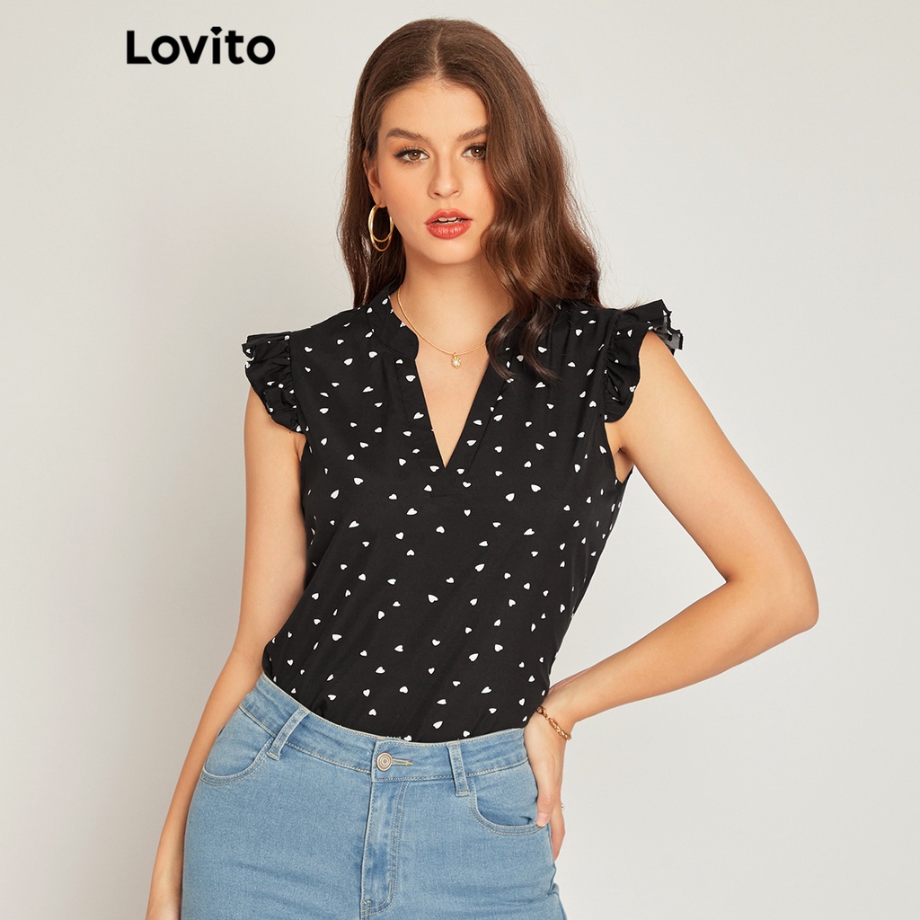 (Item Essencial) Lovito Blusa De Gola V Elegante Manga Babado Com Manga De Boca De Coração