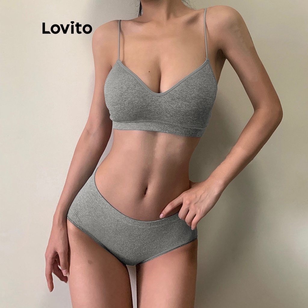 Lovito Casual Conjunto de Calcinha e Sutiã Feminino Liso de Algodão Tricotado com Alcinha L50AD078 (Cinza/Branco/Preto)