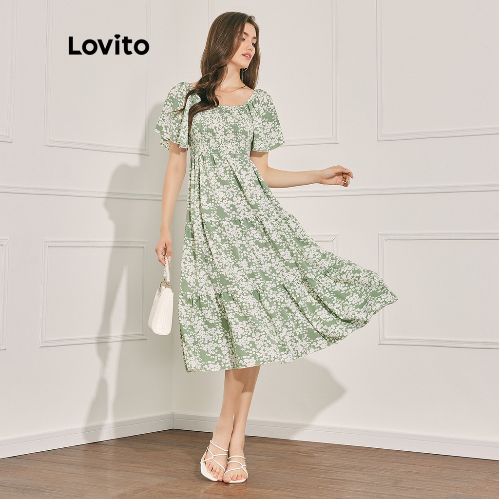 Lovito Vestido Feminino Casual Com Babados Na Bainha E Babados Plissados L47LD072 (Verde Claro)