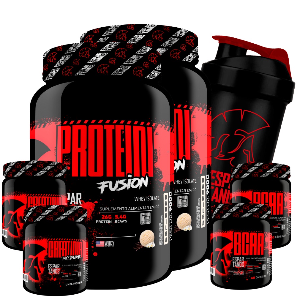 Kit 2x Whey Protein Fusion 900g + 2x Bcaa 3:1:1 60 Cáps + 2x Creatina 100% + Coqueteleira