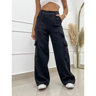 Calça Cargo Feminina Tecido Alfaiataria Com Botão e Elástico