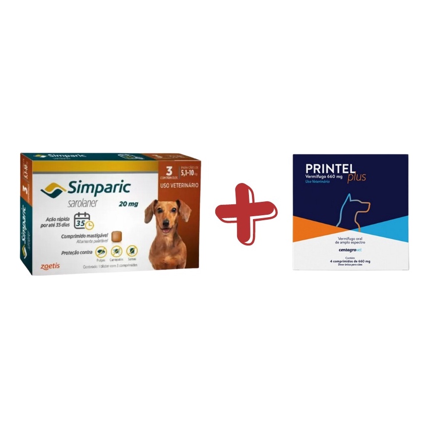 Kit Simparic Cães de 5,1 a 10kg 3 Comprimidos + Vermífugo Printel Plus ...