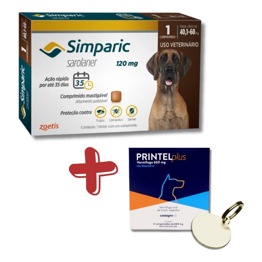 Kit Simparic Cães de 40,1 a 60kg 1 Comprimido + Vermífugo Printel Plus ...