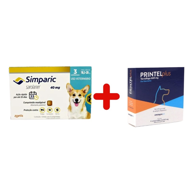 Kit Simparic Cães de 10,1 a 20kg 3 Comprimidos + Vermífugo Printel Plus ...