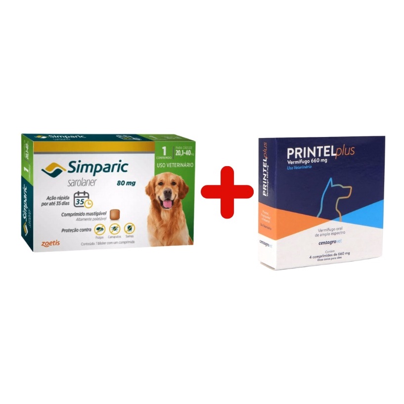 Kit Simparic Cães de 20,1 a 40kg 1 Comprimido + Vermífugo Printel Plus ...