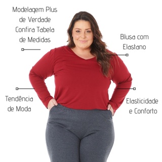 Blusa Feminina Manga Longa Plus Size Decote em V