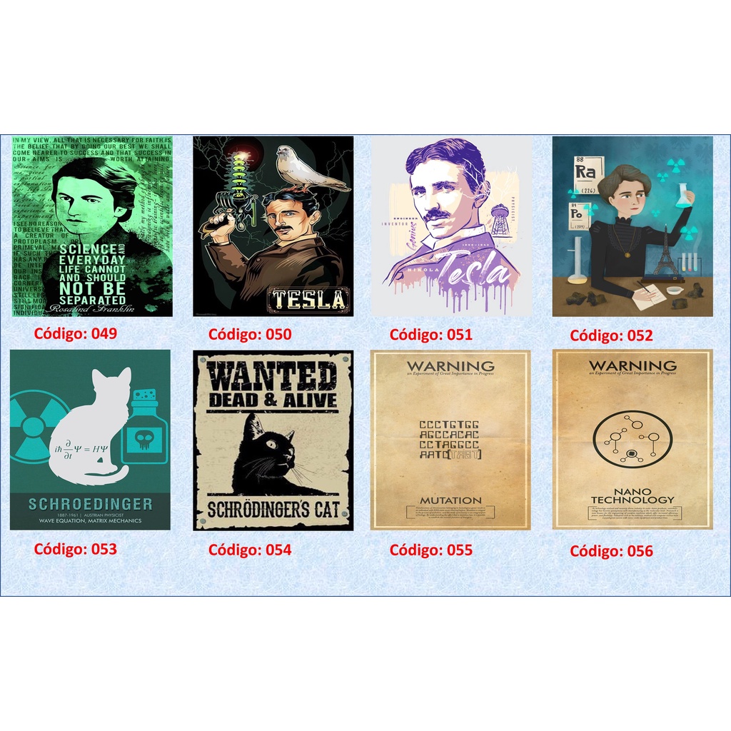 Cientistas – Inventores – História da ciência – Tecnologia – Química – Física – Matemática – Biologia – Marie Curie - Nikola Tesla - Rosalind Franklin - Placa decorativa em MDF - pasta 4 - três tamanhos disponíveis