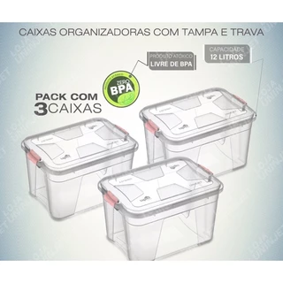 kit 3 Caixa 12 Litros Artesanato Organizadoras Multiuso Ferramentas Brinquedos Armazenamentos